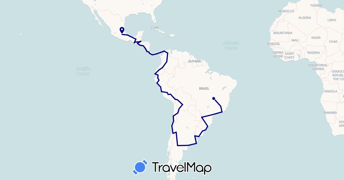 TravelMap itinerary: driving in Argentina, Bolivia, Brazil, Chile, Colombia, Costa Rica, Ecuador, Guatemala, Honduras, Mexico, Nicaragua, Panama, Peru, El Salvador, Uruguay (North America, South America)